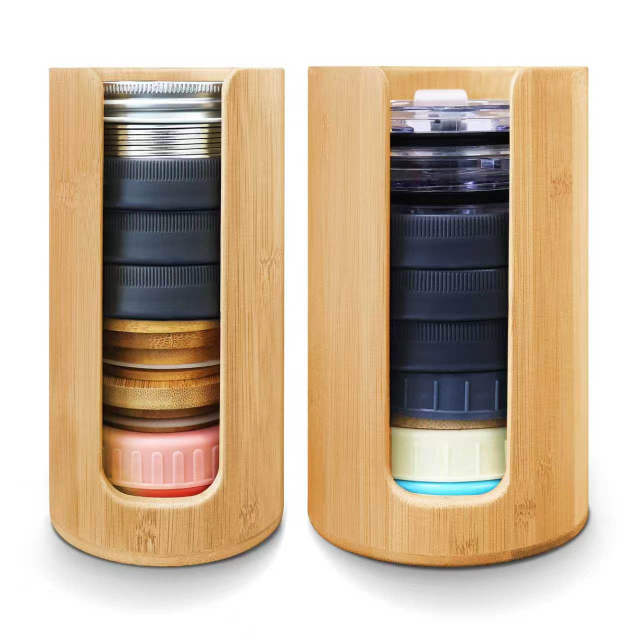 2 Pack Bamboo Mason Jar Lid Organizer, Stackable Canning Lid Storage, Vertical Lid Holder for Wide & Regular Mouth