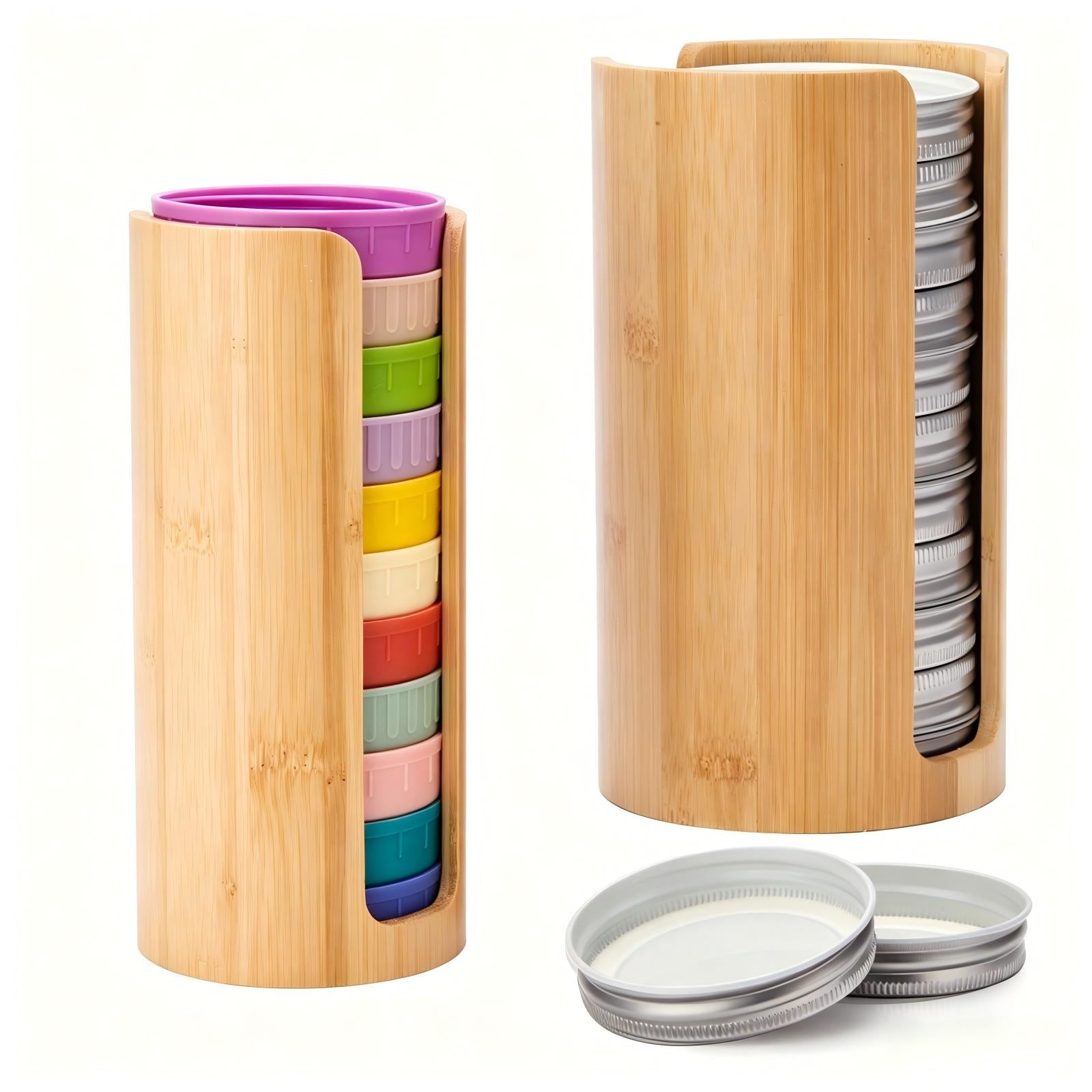 2 Pack Bamboo Mason Jar Lid Organizer, Stackable Canning Lid Storage, Vertical Lid Holder for Wide & Regular Mouth
