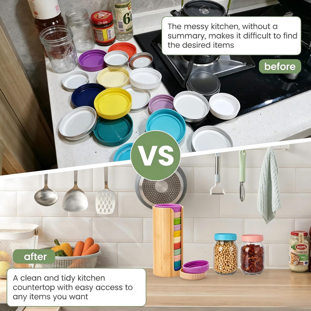 2 Pack Bamboo Mason Jar Lid Organizer, Stackable Canning Lid Storage, Vertical Lid Holder for Wide & Regular Mouth
