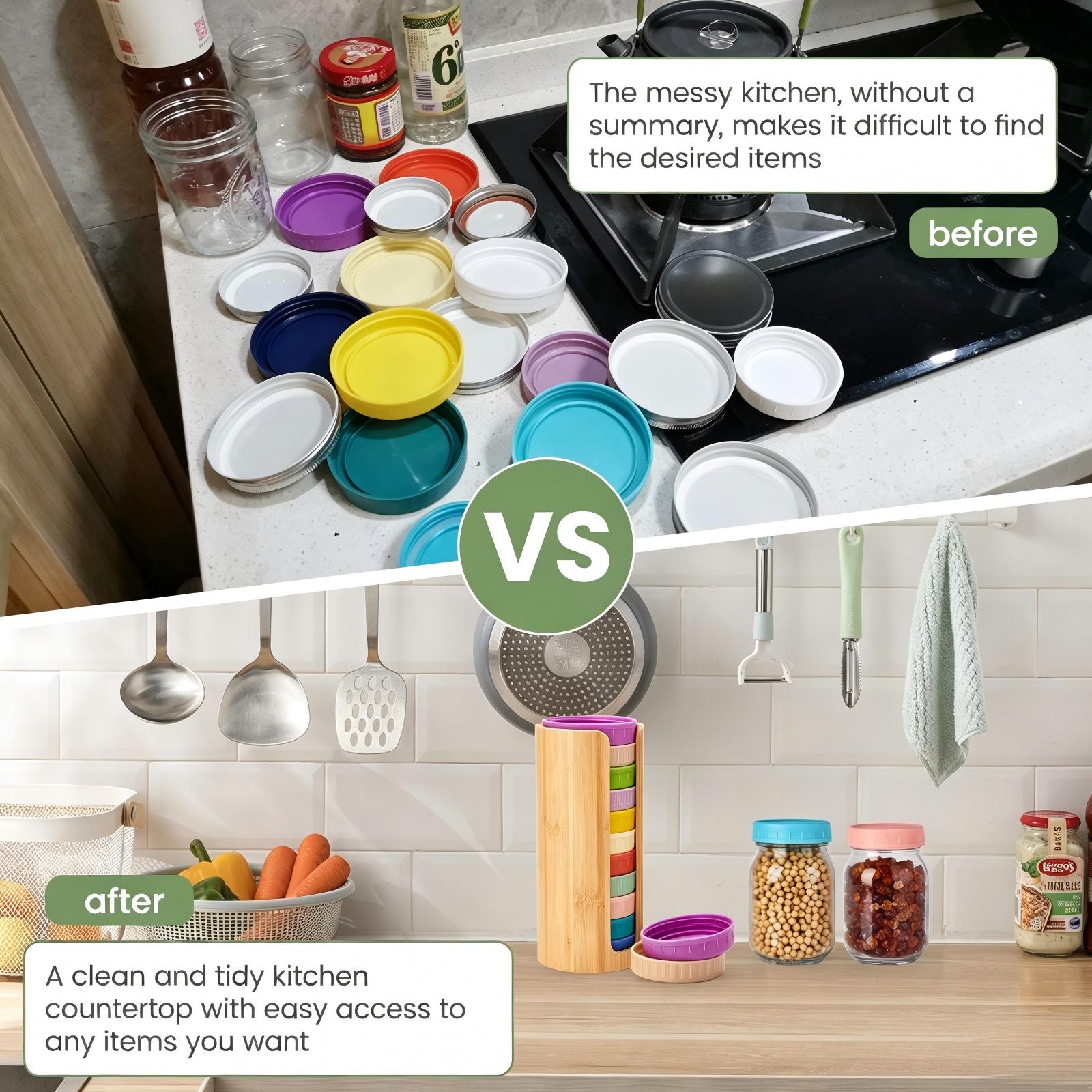 2 Pack Bamboo Mason Jar Lid Organizer, Stackable Canning Lid Storage, Vertical Lid Holder for Wide & Regular Mouth