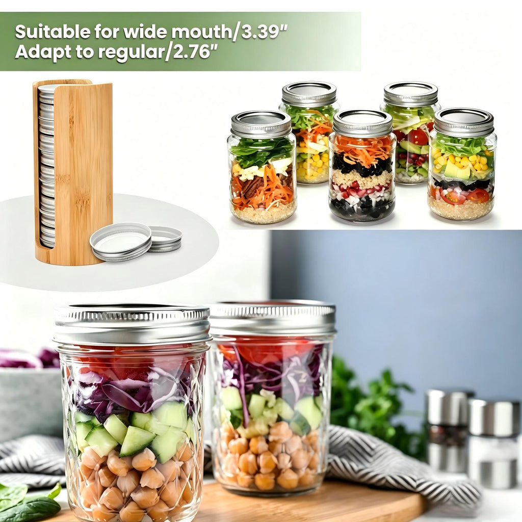 2 Pack Bamboo Mason Jar Lid Organizer, Stackable Canning Lid Storage, Vertical Lid Holder for Wide & Regular Mouth